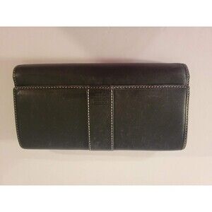 Coach Hamilton Black Leather Trifold Wallet Checkbook Change Zip Credit Card
